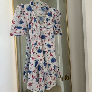 Love Shack Fancy blue red and while floral mini dress with puff sleeves